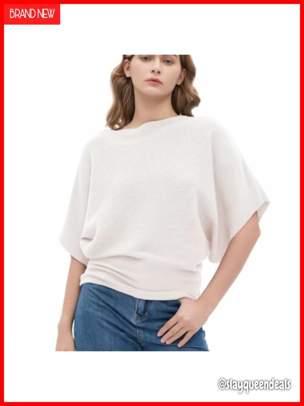Women's Boat Neck Batwing Short Sleeve Lightweight Knit Pullover Sweater